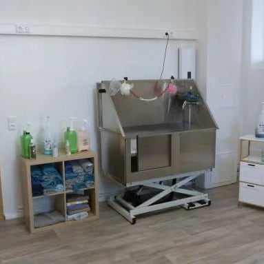 Höhenverstellbare Hundebadewanne mit Pflegemitteln im Waschraum