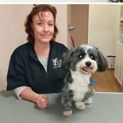 Aenne Dittmar mit einem frisch gepflegten Hund auf dem Pflegetisch